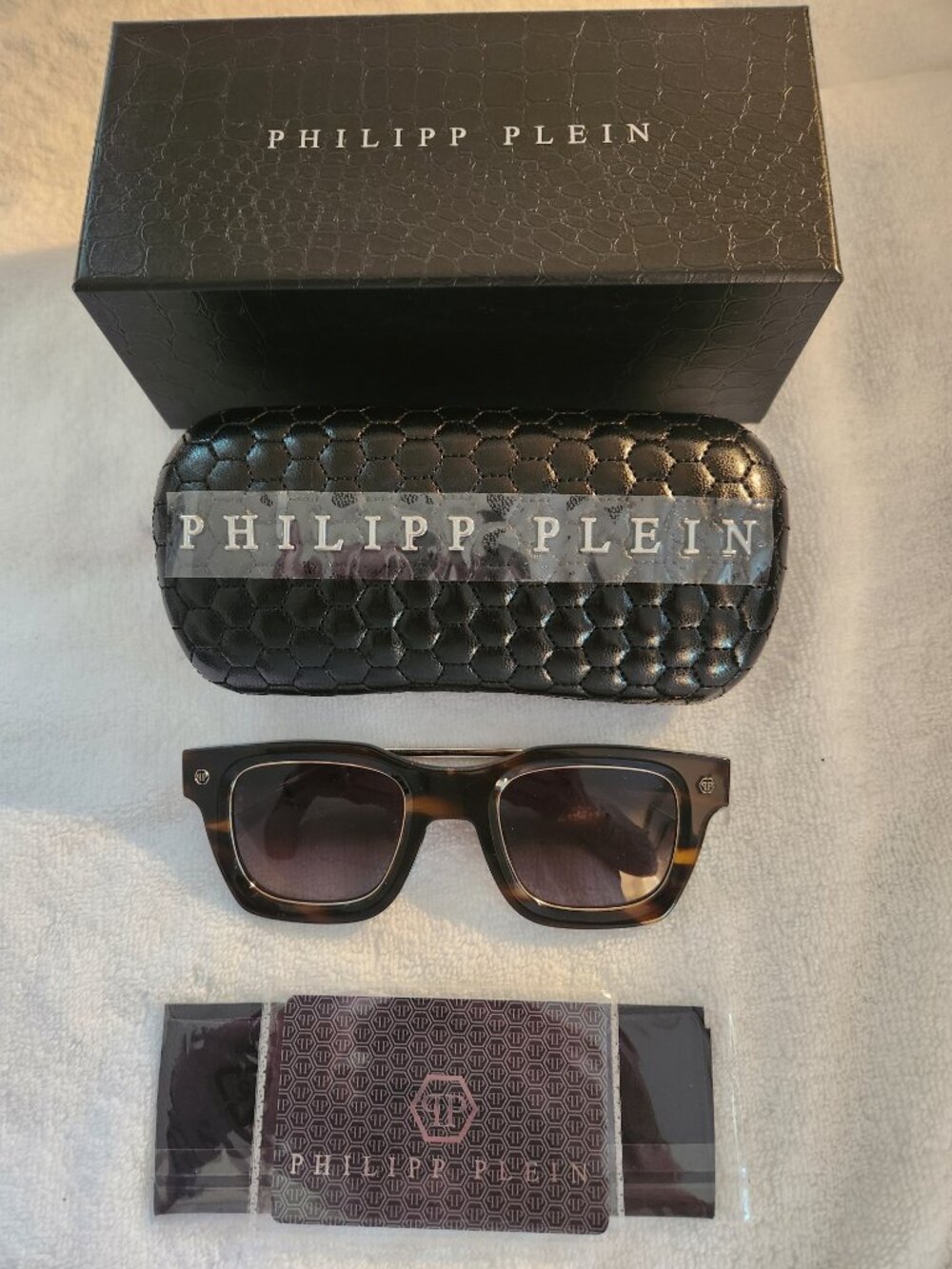 Philipp Plein Men's Titanium Tortoiseshell Square Flat Top Sunglasses Italy Worn